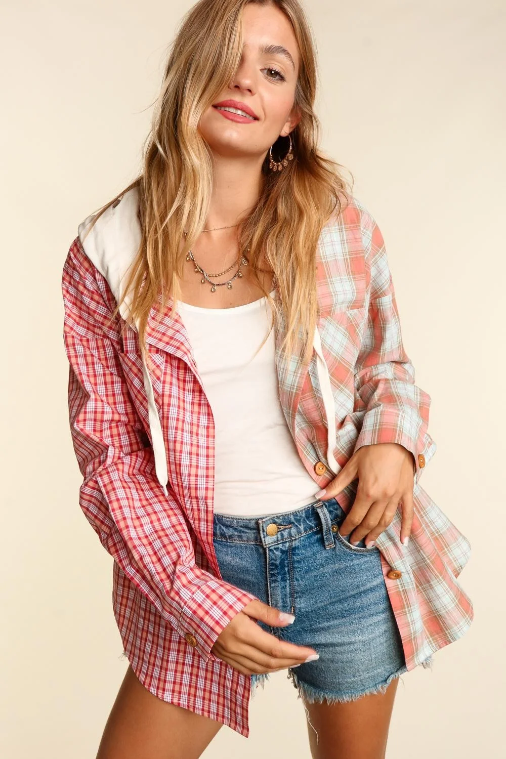 Coral Mint Woven Plaid Jacket Pocketed Hoodie - Image 3