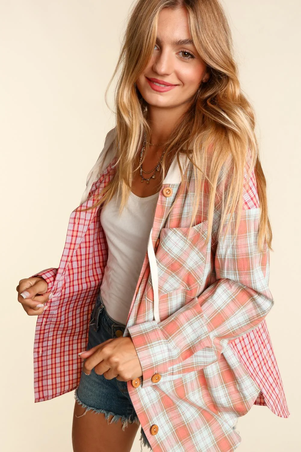 Coral Mint Woven Plaid Jacket Pocketed Hoodie - Image 5