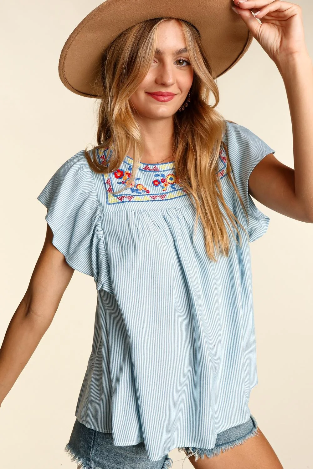 Denim Floral Embroidered Stripe Top - Image 7