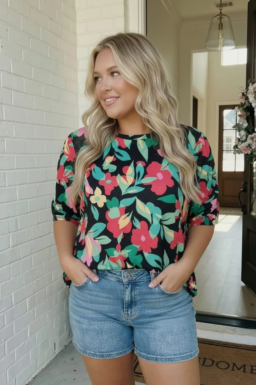 Plus Tropical Floral Print Ruched Sleeve Top