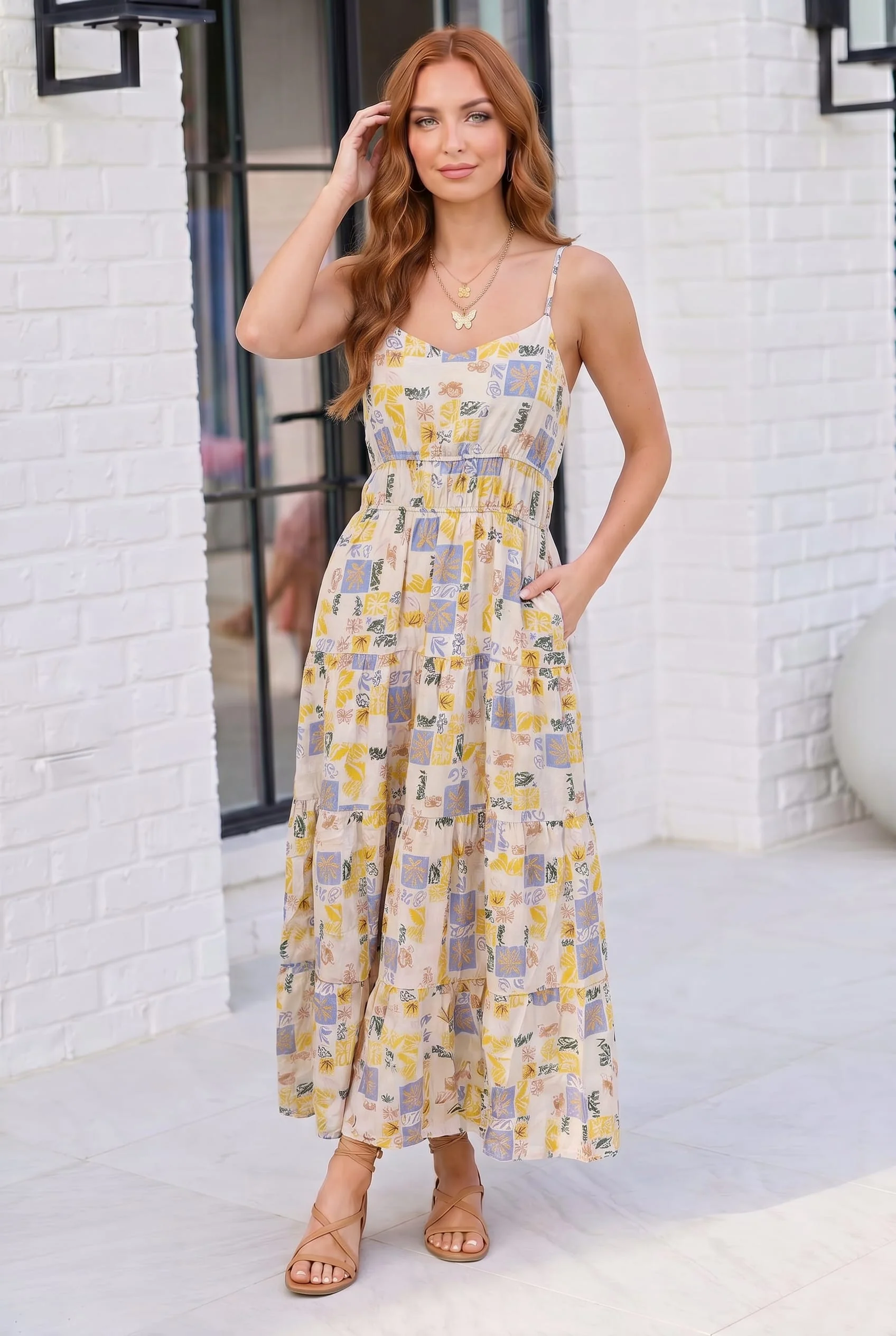 Tropical Patchwork Print Tiered Maxi Dress - Image 3