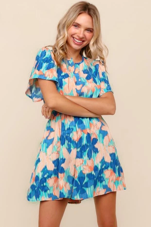 TURQOUISE SMOCKED WAIST ROMPER W/ BACK BUTTON DETAIL - Image 2