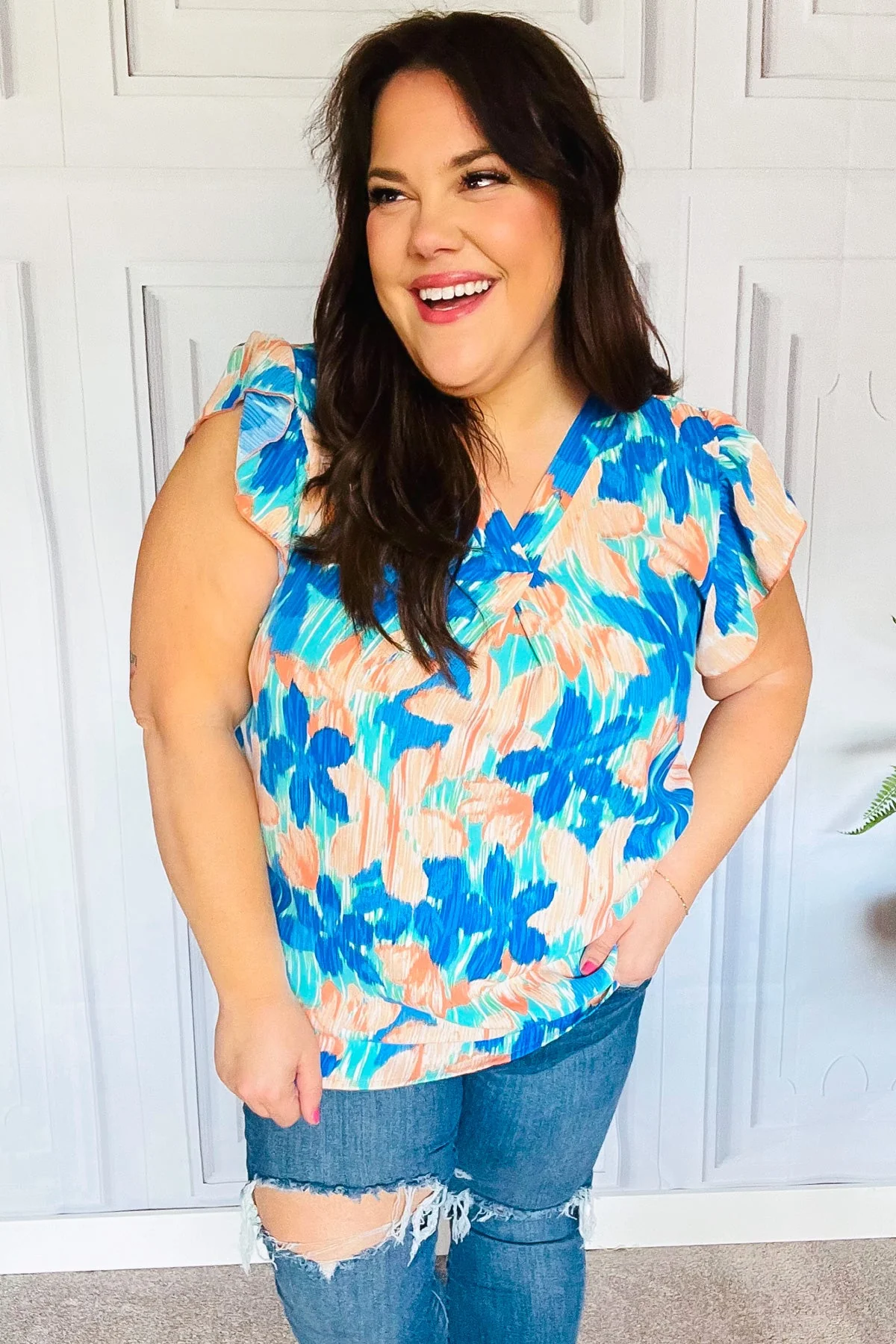 Tropical Breeze Turquoise Floral Banded V Neck Flutter Sleeve Top (Open Pack) - Image 11