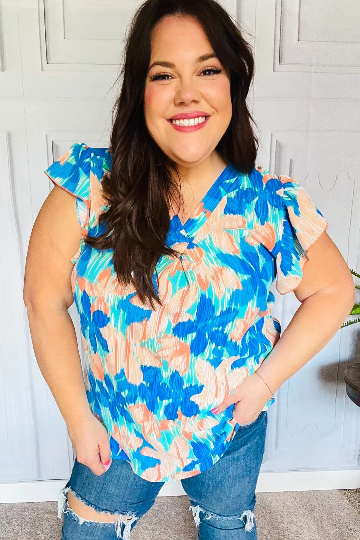 Tropical Breeze Turquoise Floral Banded V Neck Flutter Sleeve Top (Open Pack) - Image 12