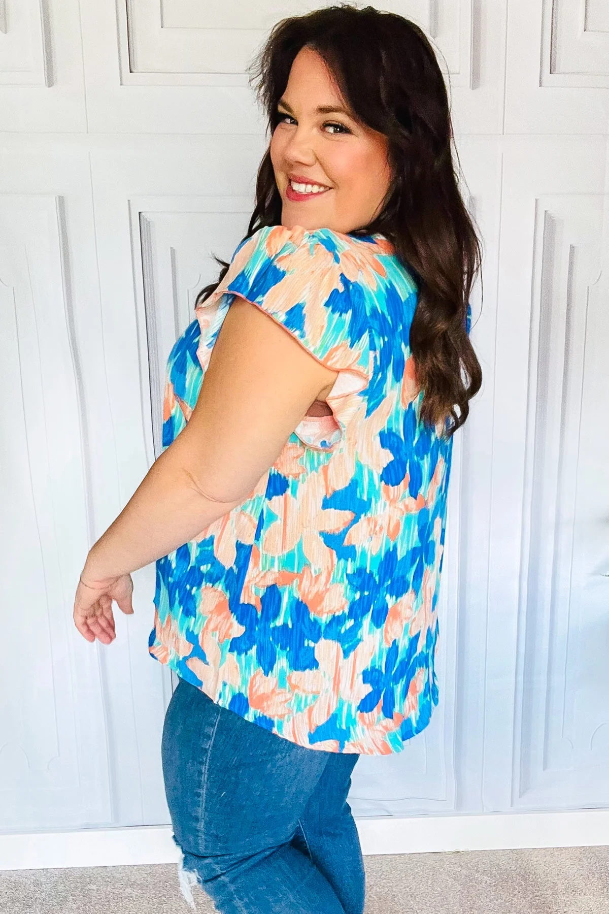 Tropical Breeze Turquoise Floral Banded V Neck Flutter Sleeve Top (Open Pack) - Image 6
