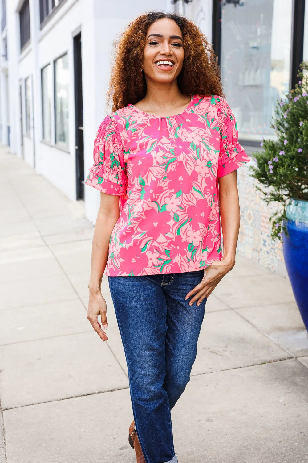 Vacay Vibes Floral Back Keyhole Short Smocked Banded Sleeve Top (Open Pack) - Image 7