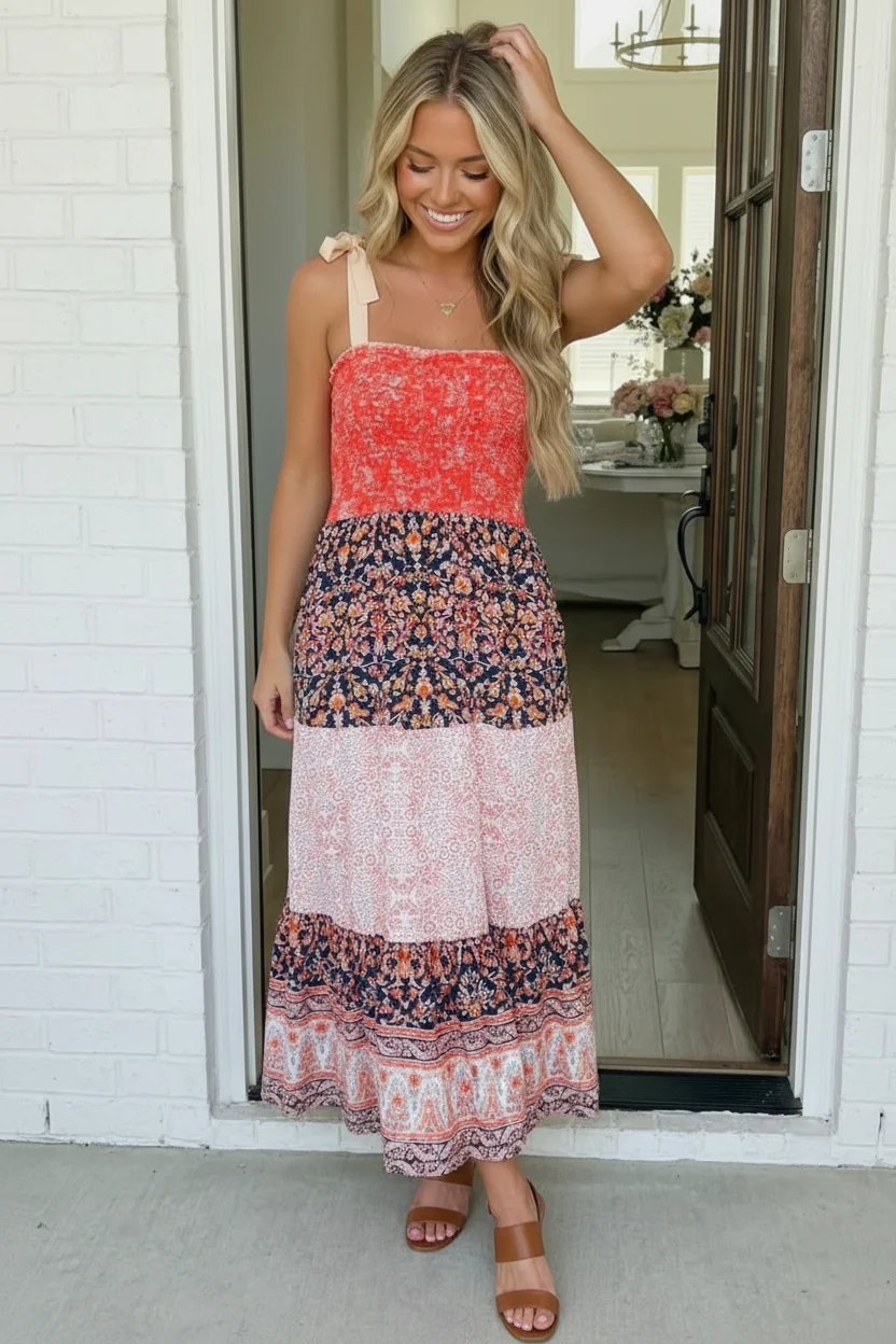 Vacay Vibes Orange Floral Smocked Tube Top Tiered Maxi Dress (Open Pack) - Image 2