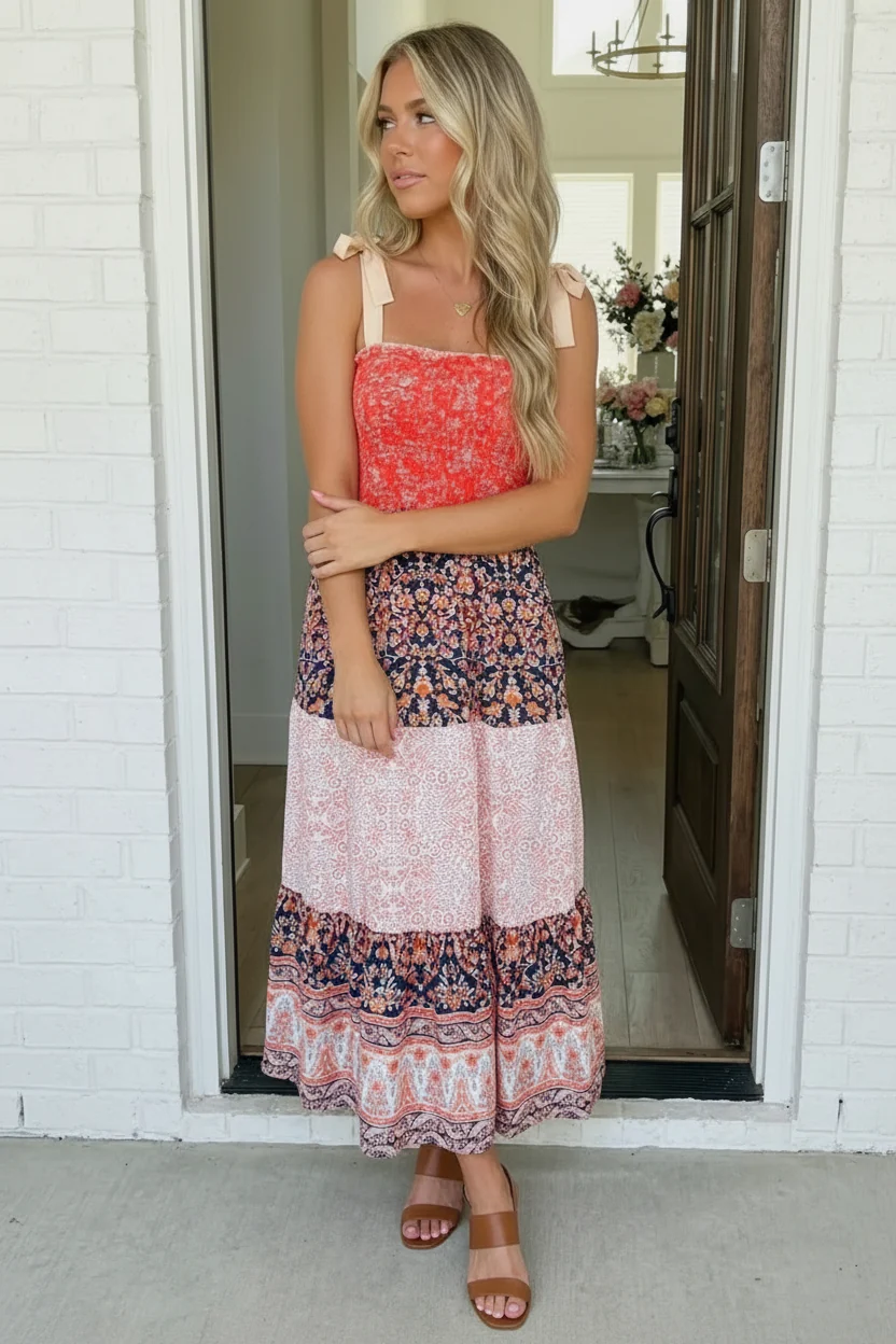 Vacay Vibes Orange Floral Smocked Tube Top Tiered Maxi Dress (Open Pack) - Image 3