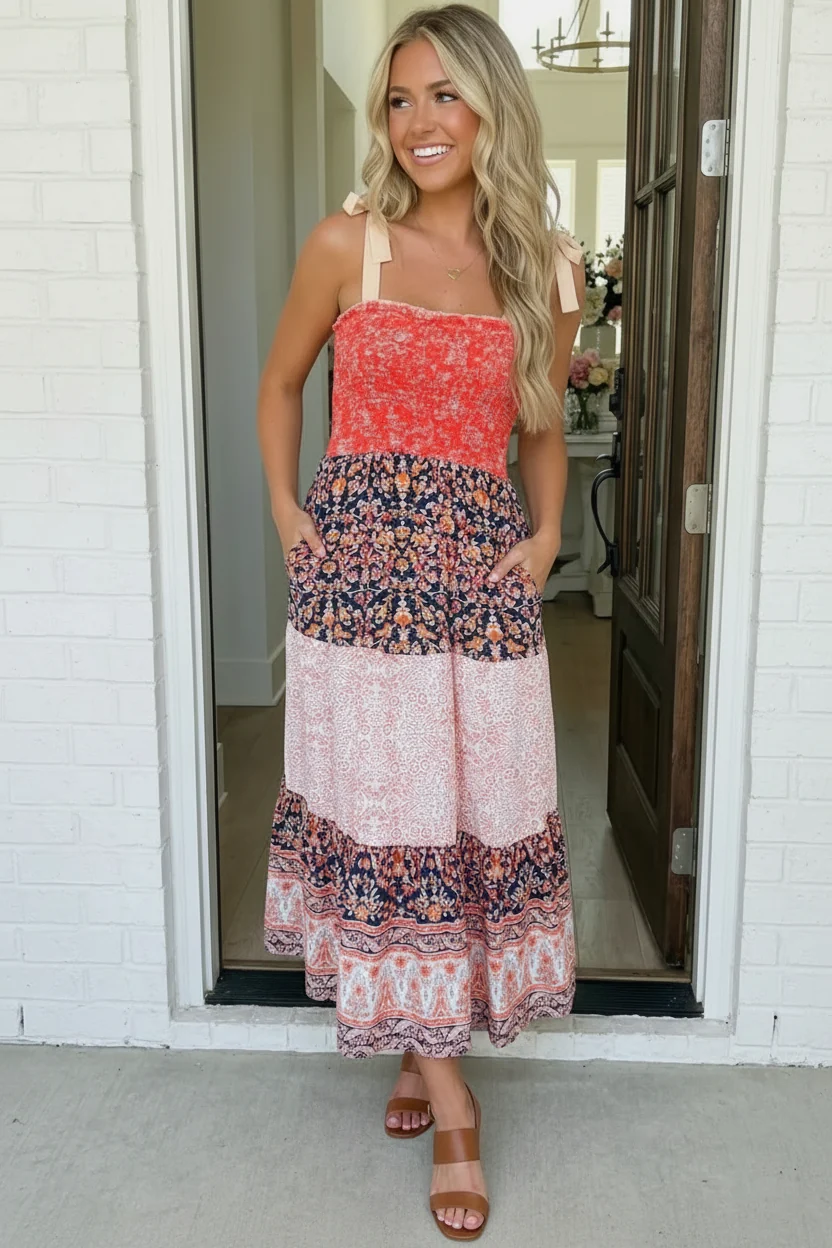 Vacay Vibes Orange Floral Smocked Tube Top Tiered Maxi Dress (Open Pack) - Image 4