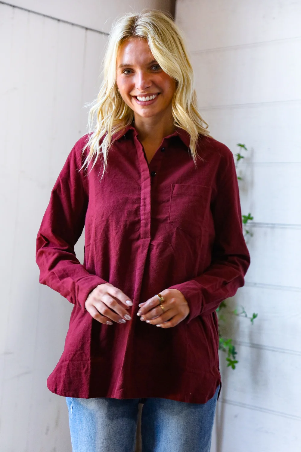 Wine Cotton Button Front Cozy Flannel - Image 3