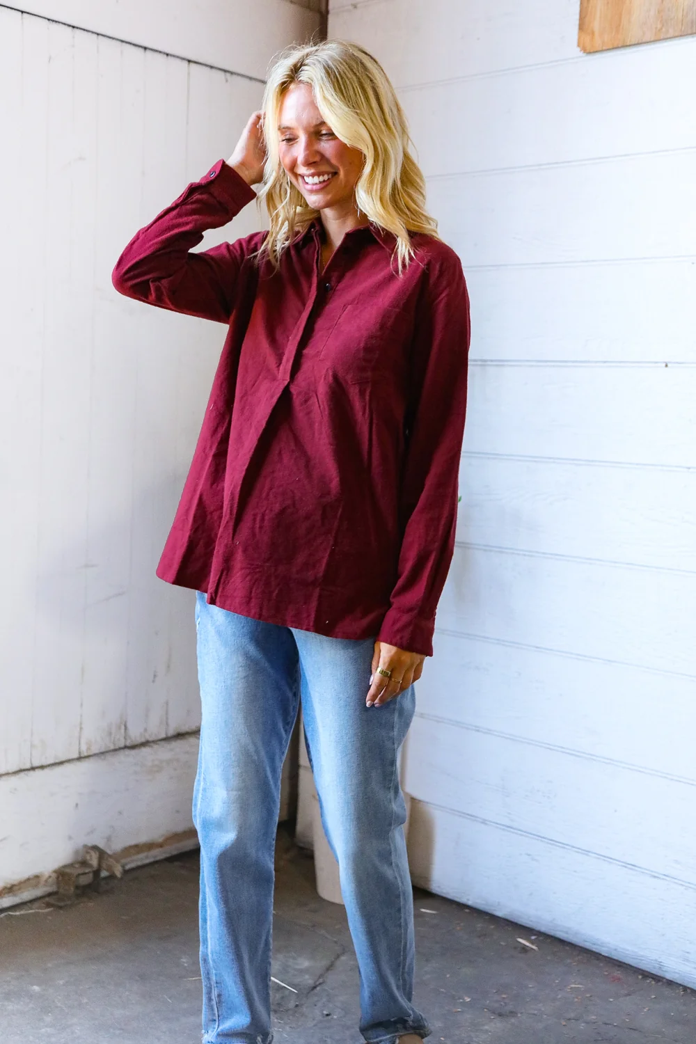 Wine Cotton Button Front Cozy Flannel - Image 6