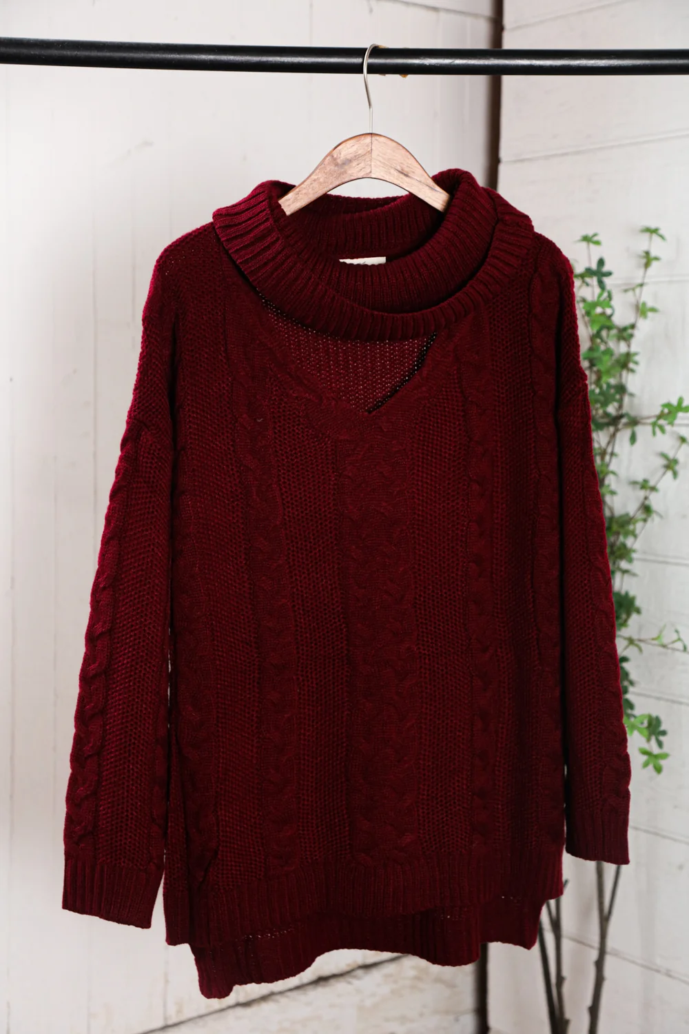 Wine Cut Out Cable Knit Sweater