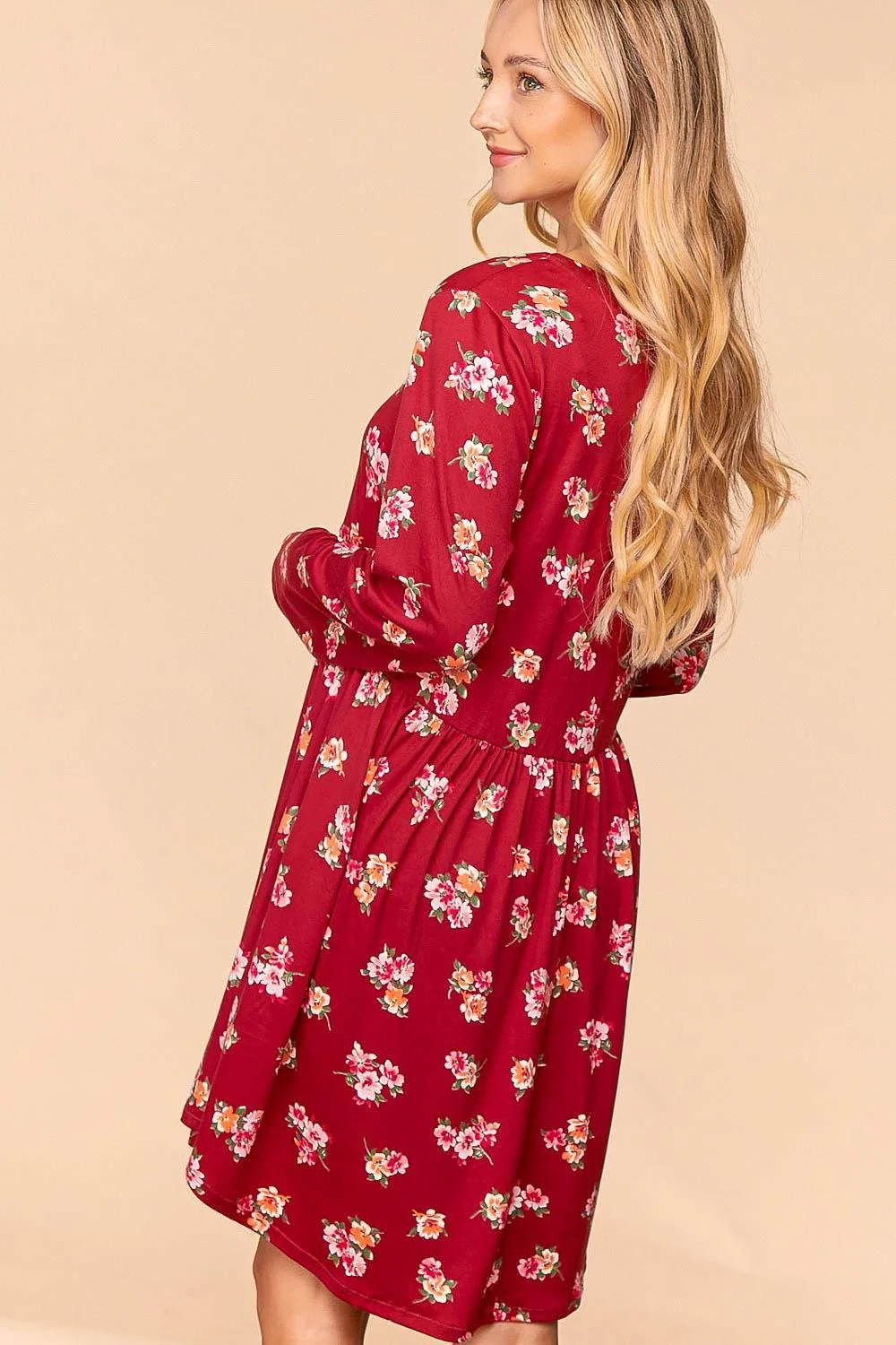 WINE FLORAL LONG SLEEVE BABYDOLL SWING DRESS - Image 2
