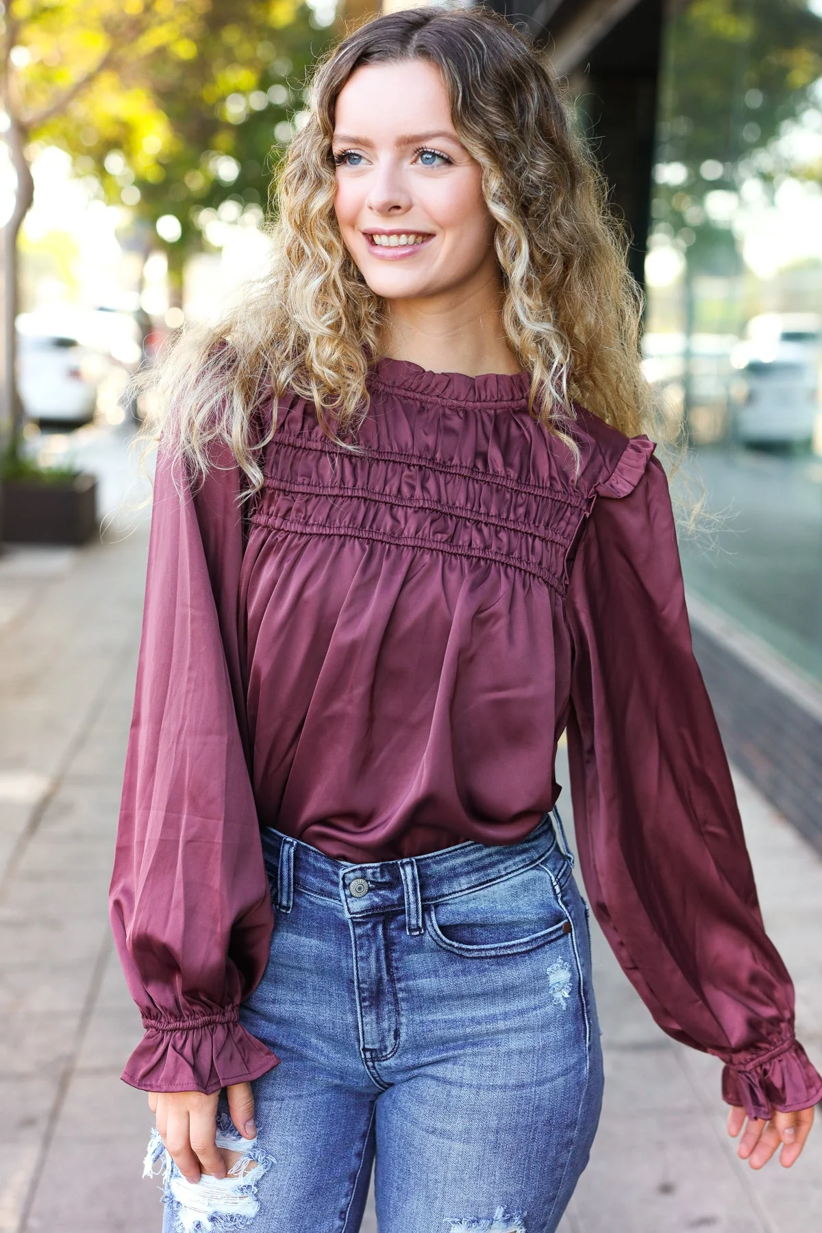 Be Your Best Wine Satin Shirred Yoke Frilled Mock Neck Holiday Top (Open Pack) - Image 2