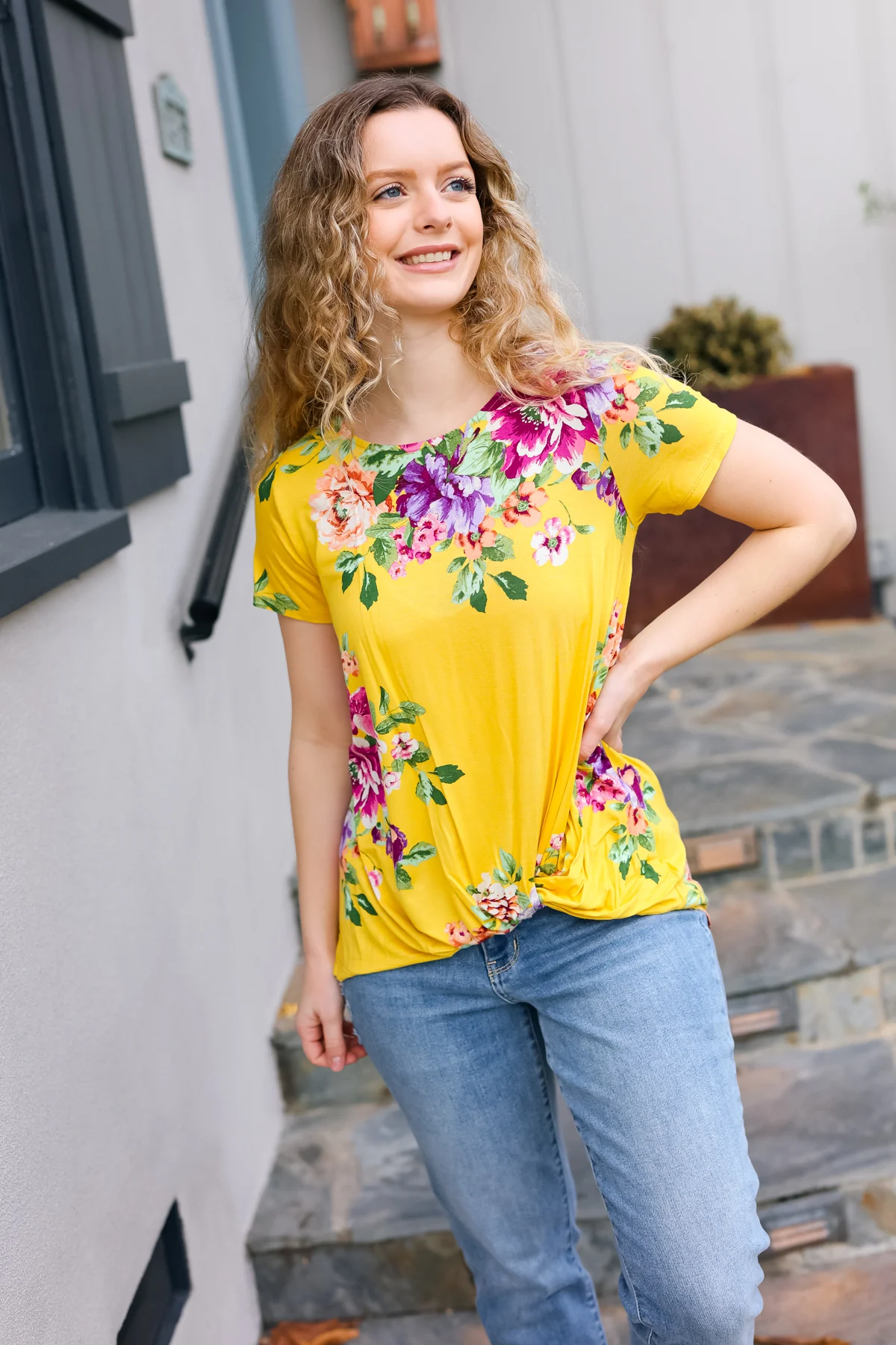 Yellow Floral Print Back Cross Detail Top - Image 4