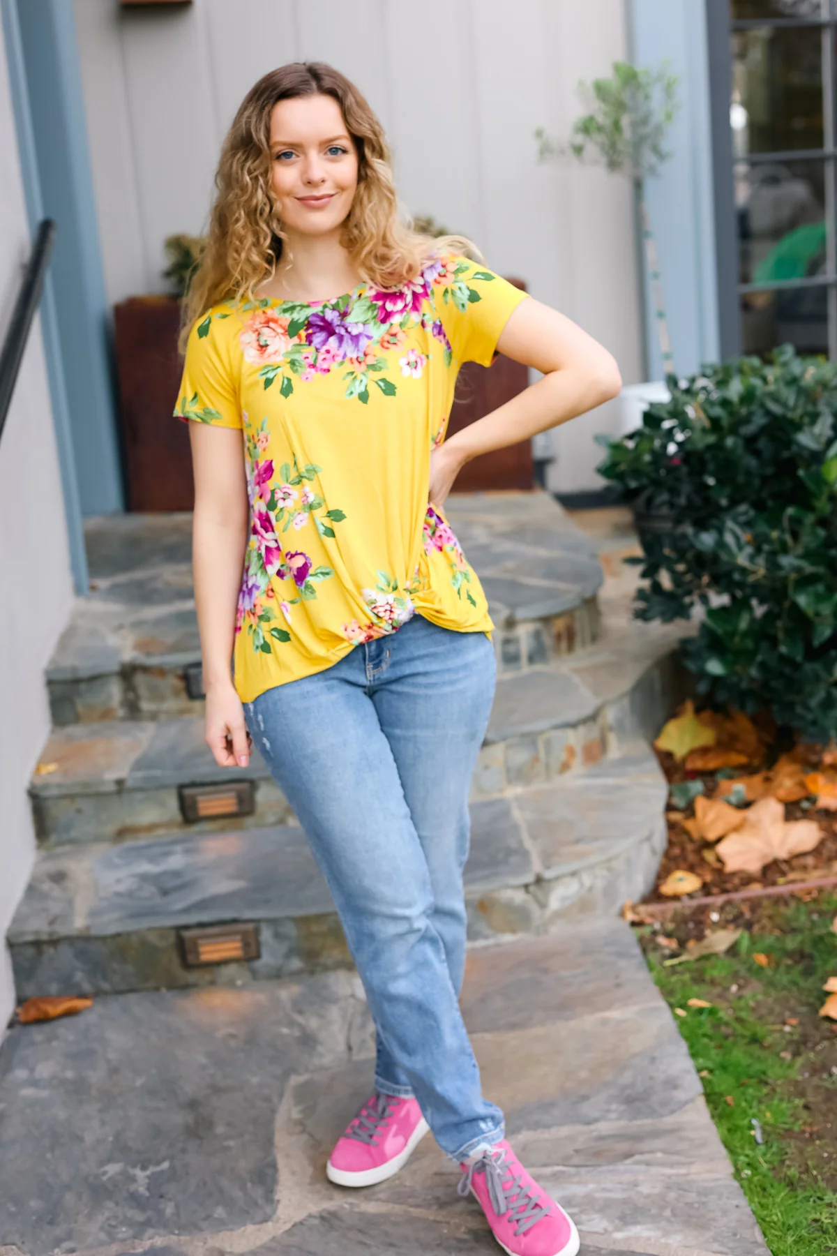 Yellow Floral Print Back Cross Detail Top - Image 6