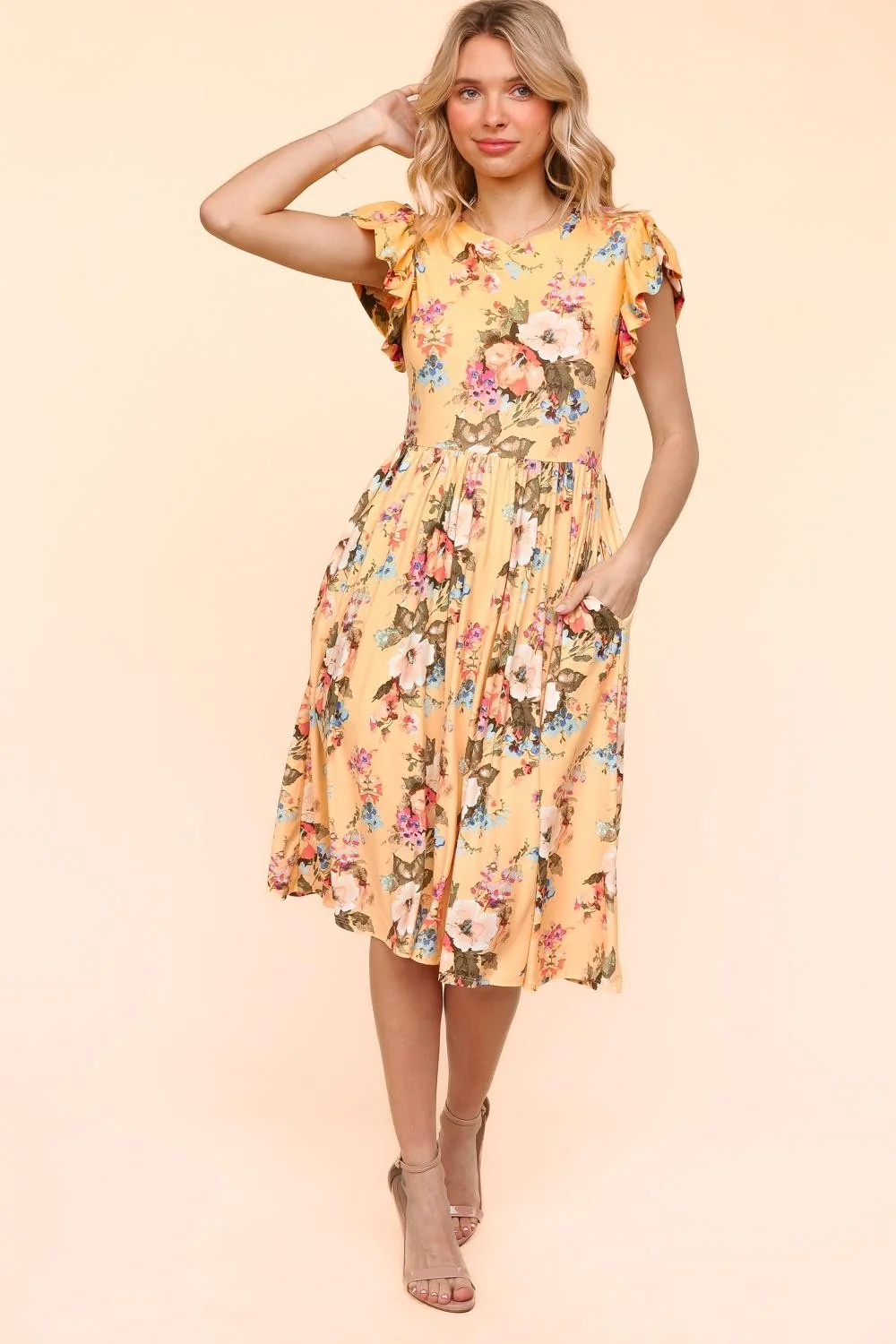 Yellow Midi Dress W/Folded Ruffle Short Sleeve