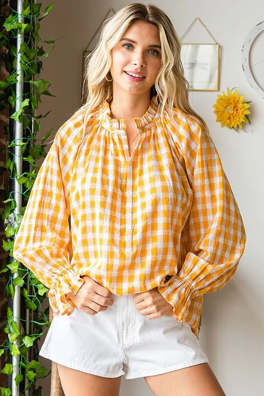 YELLOW PLAID PRINT RELAXED FIT BLOUSE FEATURING RUFFLED NECKLINE - Image 3