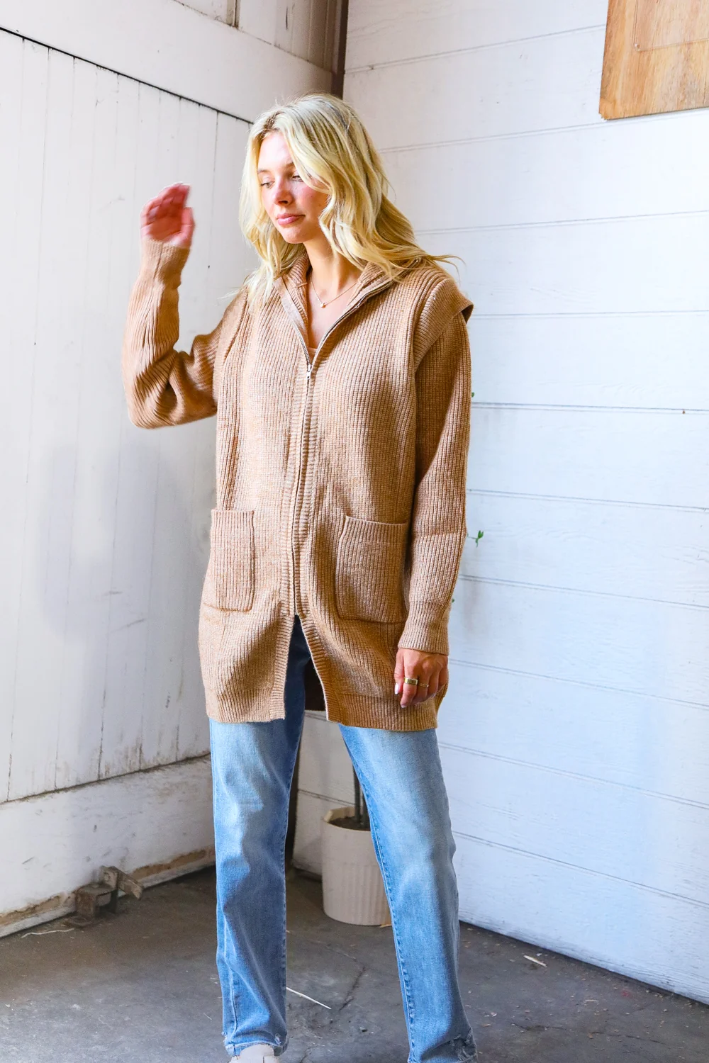 Zip Up Front Pocket Long Sweater - Image 2