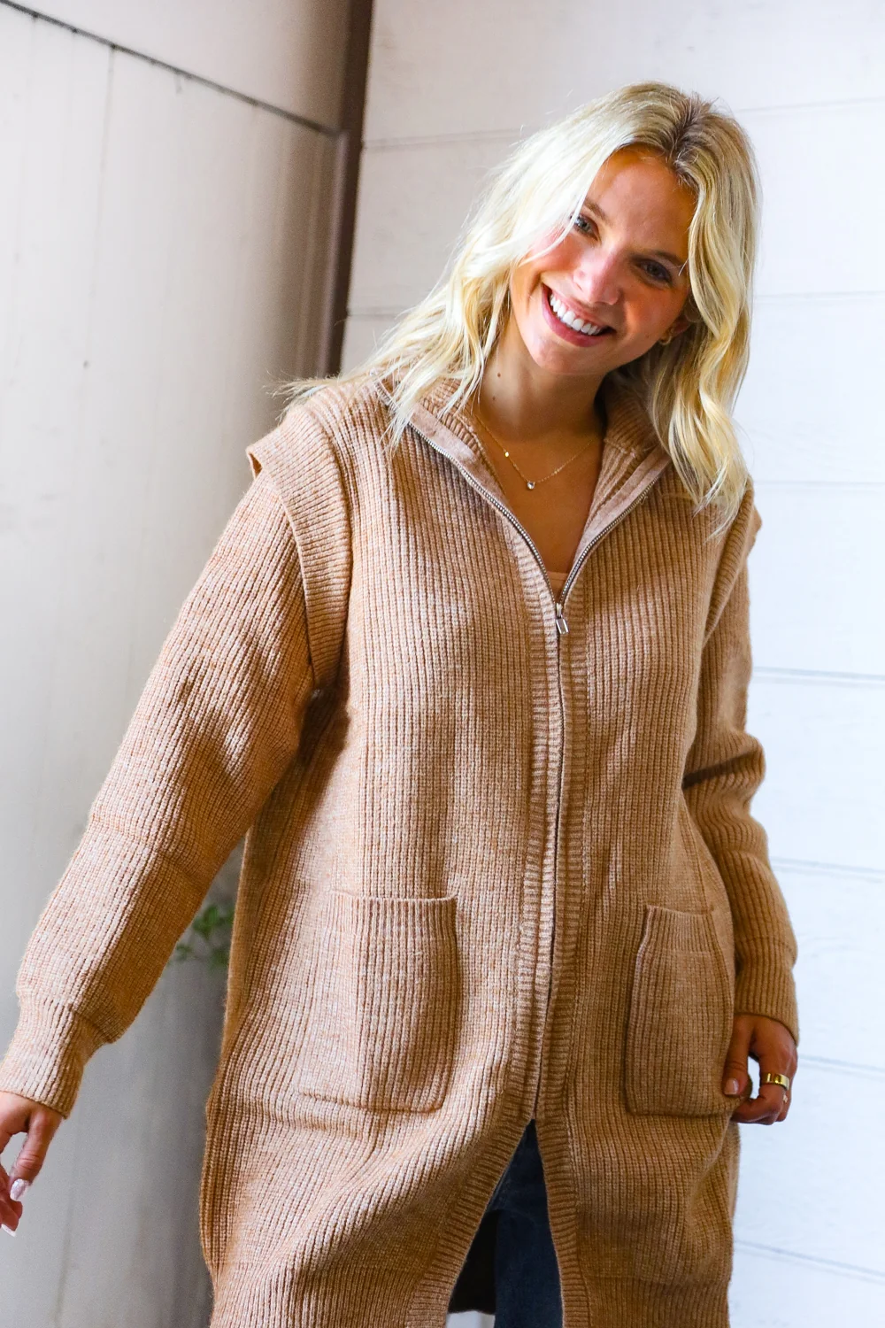 Zip Up Front Pocket Long Sweater - Image 4