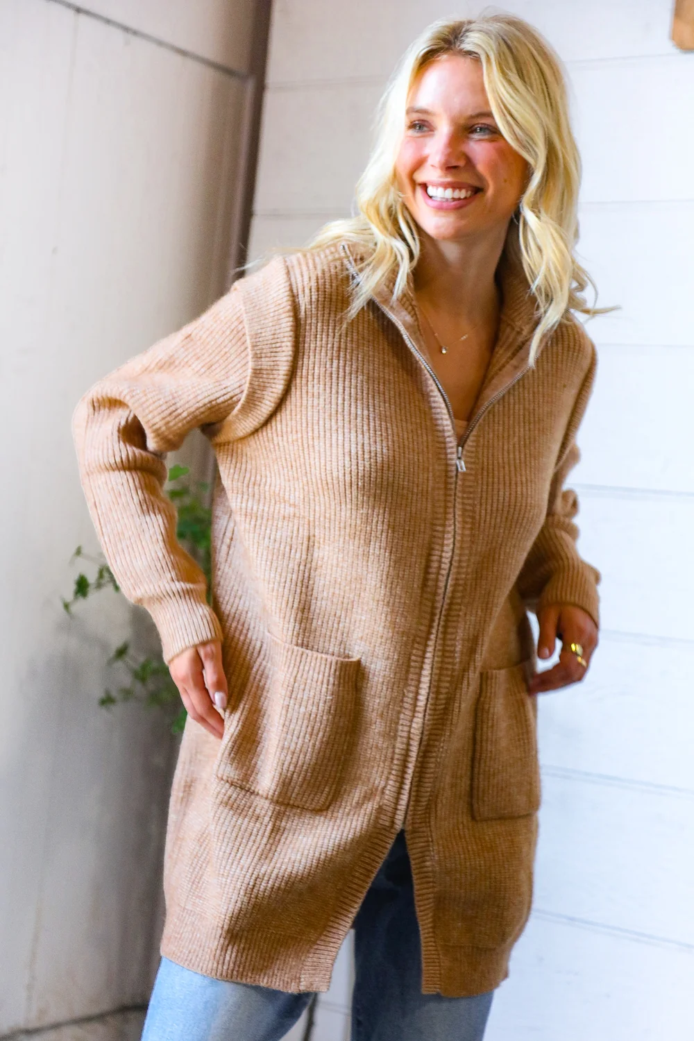 Zip Up Front Pocket Long Sweater - Image 5